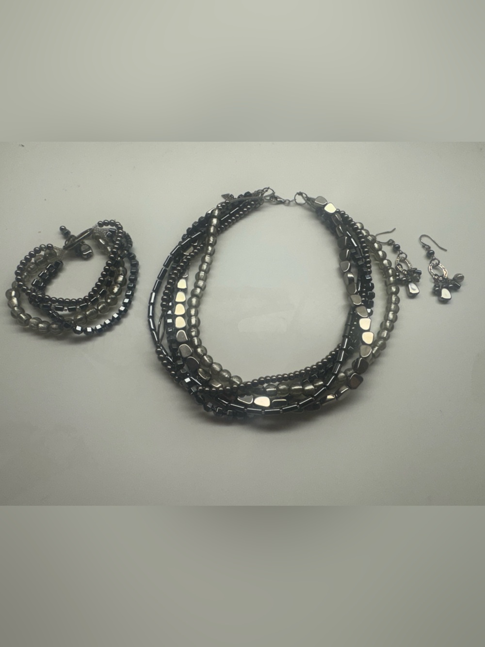 Silpada Multi-Strand Bead Necklace Set with Bracelet & Earrings - Metallic Gray